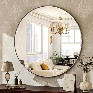 HARRITPURE 24" Round Mirror for Wall, Black Wall-Mounted Bathroom Mirror | Brushed Aluminum Alloy Frame Circle Wall Mirror Modern Decoration for Bathroom, Living Room, Vanity, Bedroom, Entryway