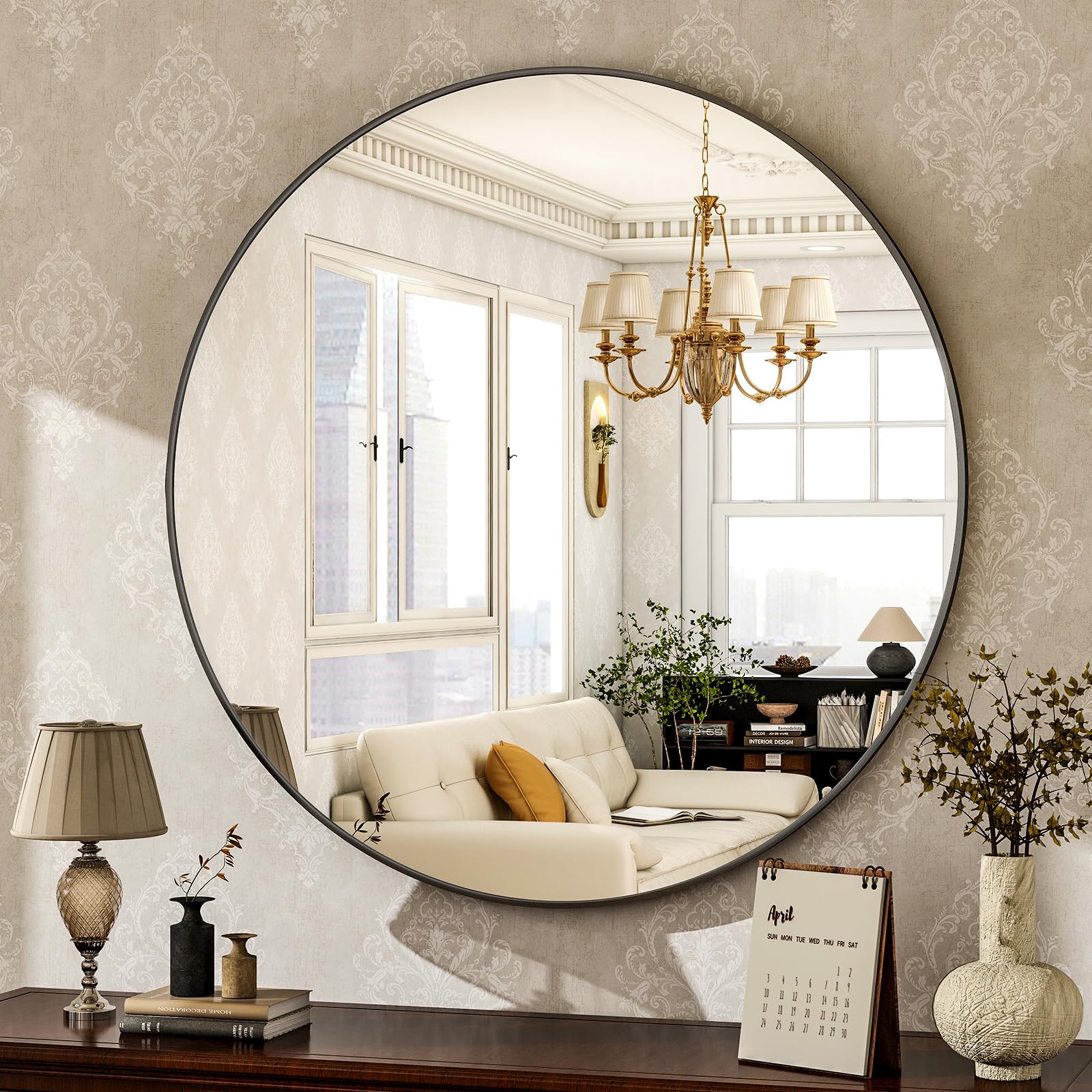 HARRITPURE 24" Round Mirror for Wall, Black Wall-Mounted Bathroom Mirror | Brush