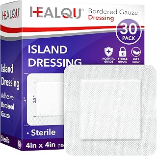 HEALQU Bordered Gauze Island Dressing - 30 Count, 4" x 4" Sterile Individually Wrapped Gauze Pads with Water-Resistant, Non-Woven Backing - Soft and Breathable Wound Dressing for First Aid and Medical