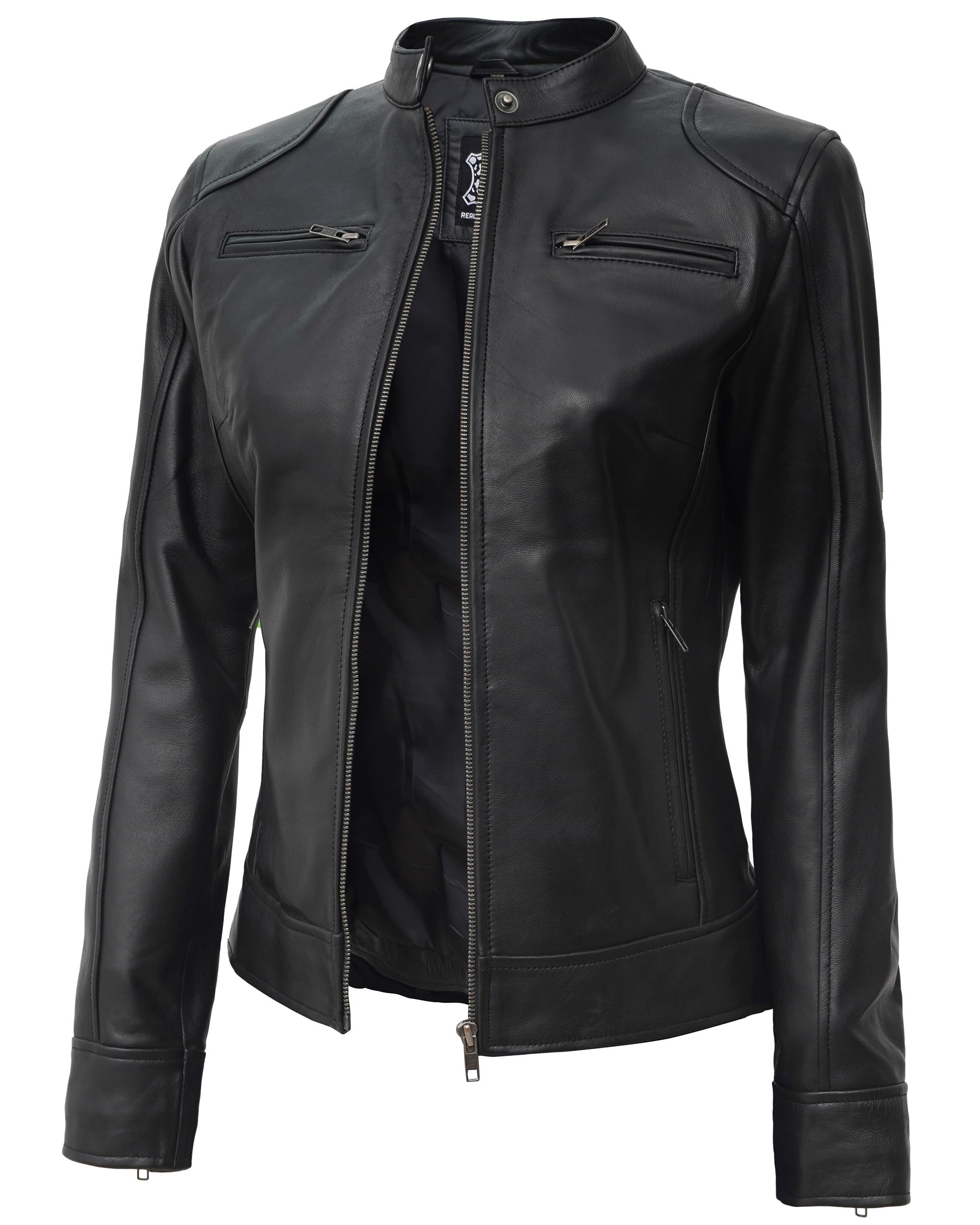 Cafe Racer Leather Jacket Women - Real Lambskin Casual Womens Leather Jacket