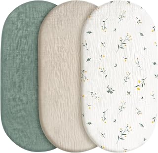 GLLQUEN 3 Pack Muslin Cotton Moses Basket Sheets 83x43 cm Pram OEKO-TEX | Soft Breathable Bassinet Cover for Side Sleeper,10cm Deep Pocket, Hypoallergenic Set, Unisex(Flower)