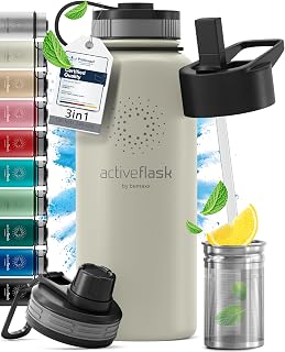 Gourde Inox Isotherme ACTIVE FLASK 1l/500ml sans BPA + Paille (3 Bouchons) | Bouteille d’eau Acier Inoxydable Isolée, Thermos Réutilisable | Camping Velo Sport Running Randonnée Enfant, Café The