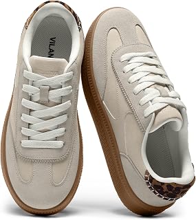 Vilanva Women's Fashion Sneakers Casual Tennis Shoes with Genuine Suede Classic Retro Gum Sole Walking Trendy Footwear