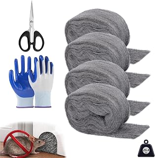 DEMIBAZ Steel Wool Mice Repellent - 4 Rolls of Steel Wool (14ft x 3.1in, Coarse Grade #3), Scissors & Glove - Keep Mice Away from Holes,Siding,Pipeline,Vents in Garden House & Garage