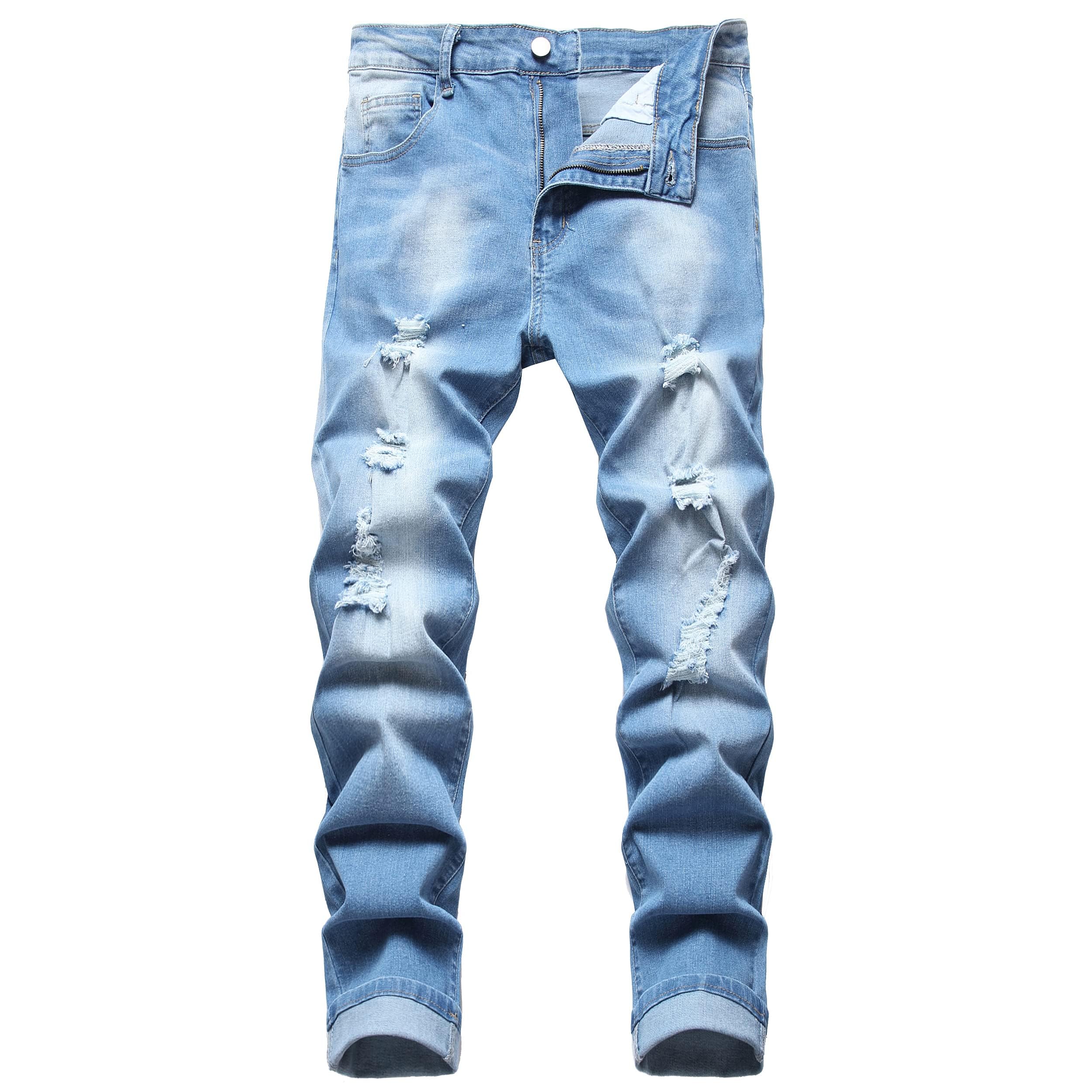 DANT BULUN Mens Ripped Distressed Slim Fit Straight Leg Denim Jeans