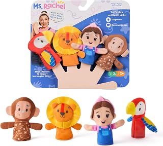 Ms. Rachel Zoo Friends Finger Puppets, 4-Pack with Lion, Monkey & Parrot | Four Soft Plush Animal Finger Puppets, Inspires Creative Storytelling, Baby Toys For Girls And Boys Ages 3+ Months