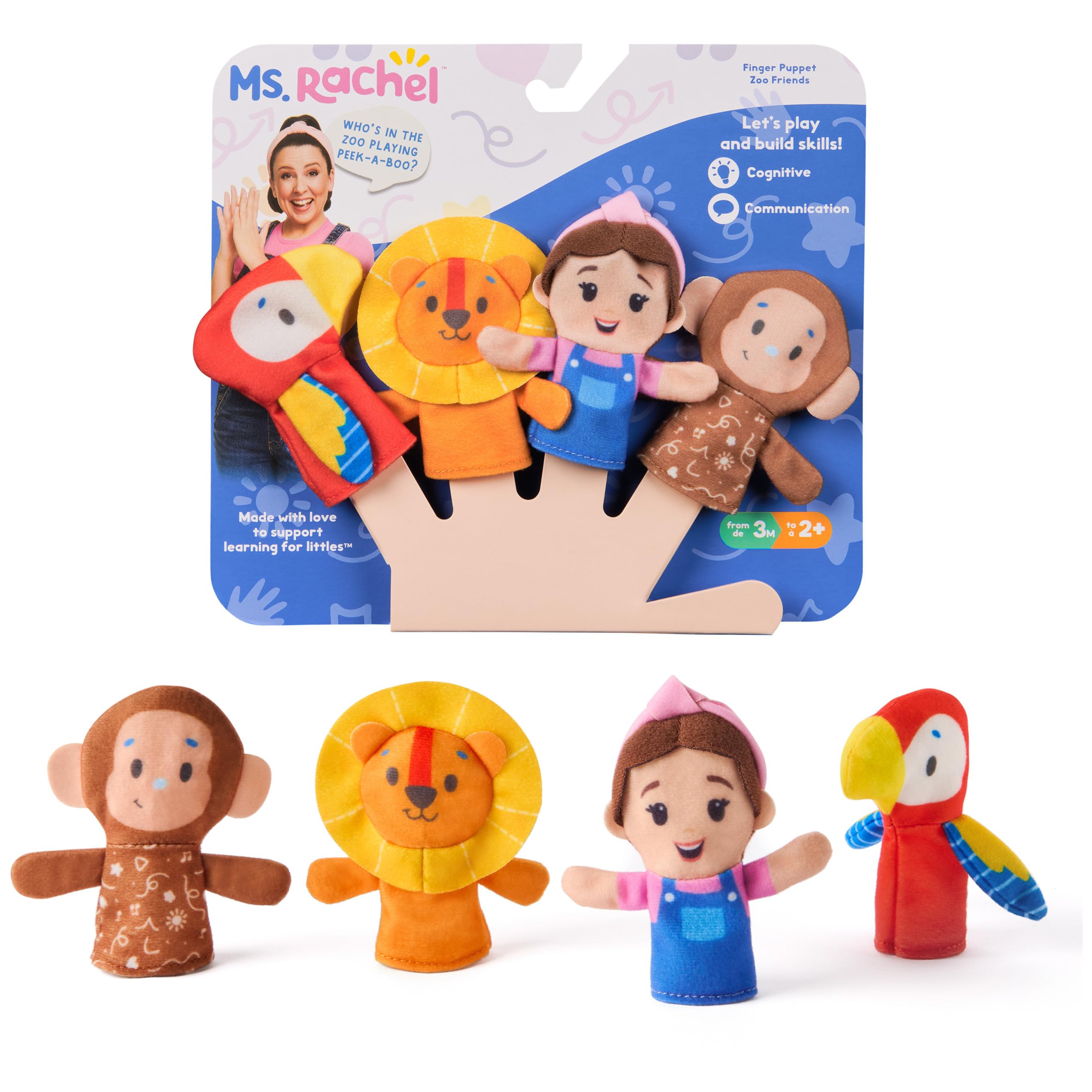 Ms. Rachel Zoo Friends Finger Puppets, 4-Pack with Lion, Monkey & Parrot | Four 