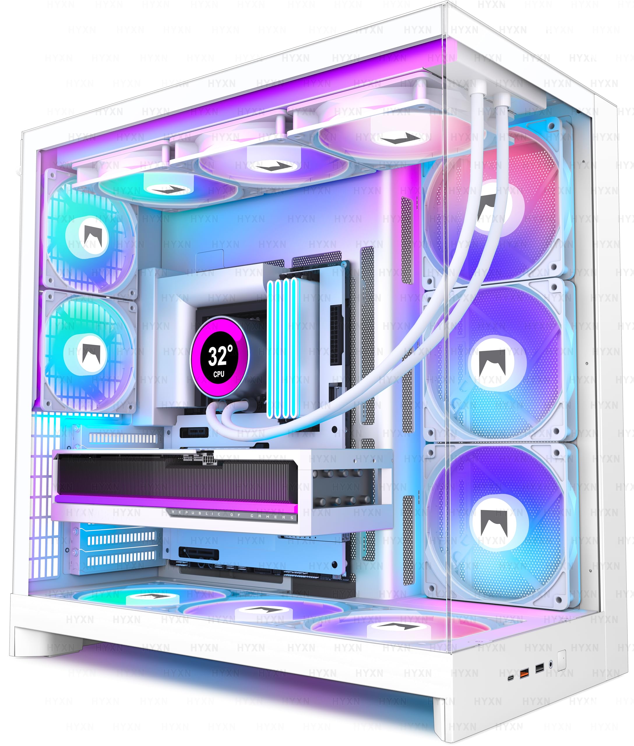 H2 (2026) HYXN PC Case ATX with 8 Fans (6 x 140 and 2 x 120) Large Dual Chamber 