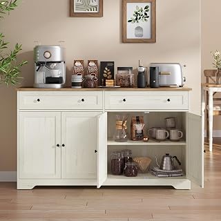 VASAGLE Siren Collection - Buffet Cabinet, Farmhouse Coffee Bar Cabinet with 2 Drawers, Adjustable Shelves, 4 Doors, Sideboard, 15.8 x 55.1 x 31.5 Inches, Rustic White and Honey Brown ULSC541WJ01