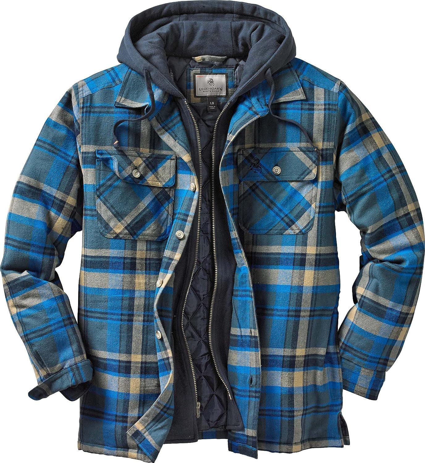 Legendary Whitetails Men's Polyfill Quilted Flannel Shirt Jacket with Hood