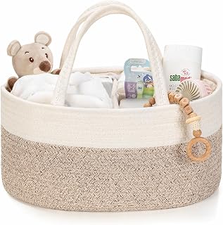 Diaper Caddy Organizer, Gift Basket for Baby Shower, Newborn Essentials | White/Beige Brown | Small, 14.2 x 8.7 x 7.1 in | Removable Dividers | Sturdy Handles | Portable Baby Boy Girl Woven Basket