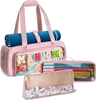 Yarwo 3 Pcs Mahjong Bag Empty with Game Mat Buckle, Pink, Bags Only | Sewn Chenille Letter, Clear Front Panel, Large Capacity, Fit Most Standard Mahjong Tile Set, Racks & Pushers, Travel Friendly