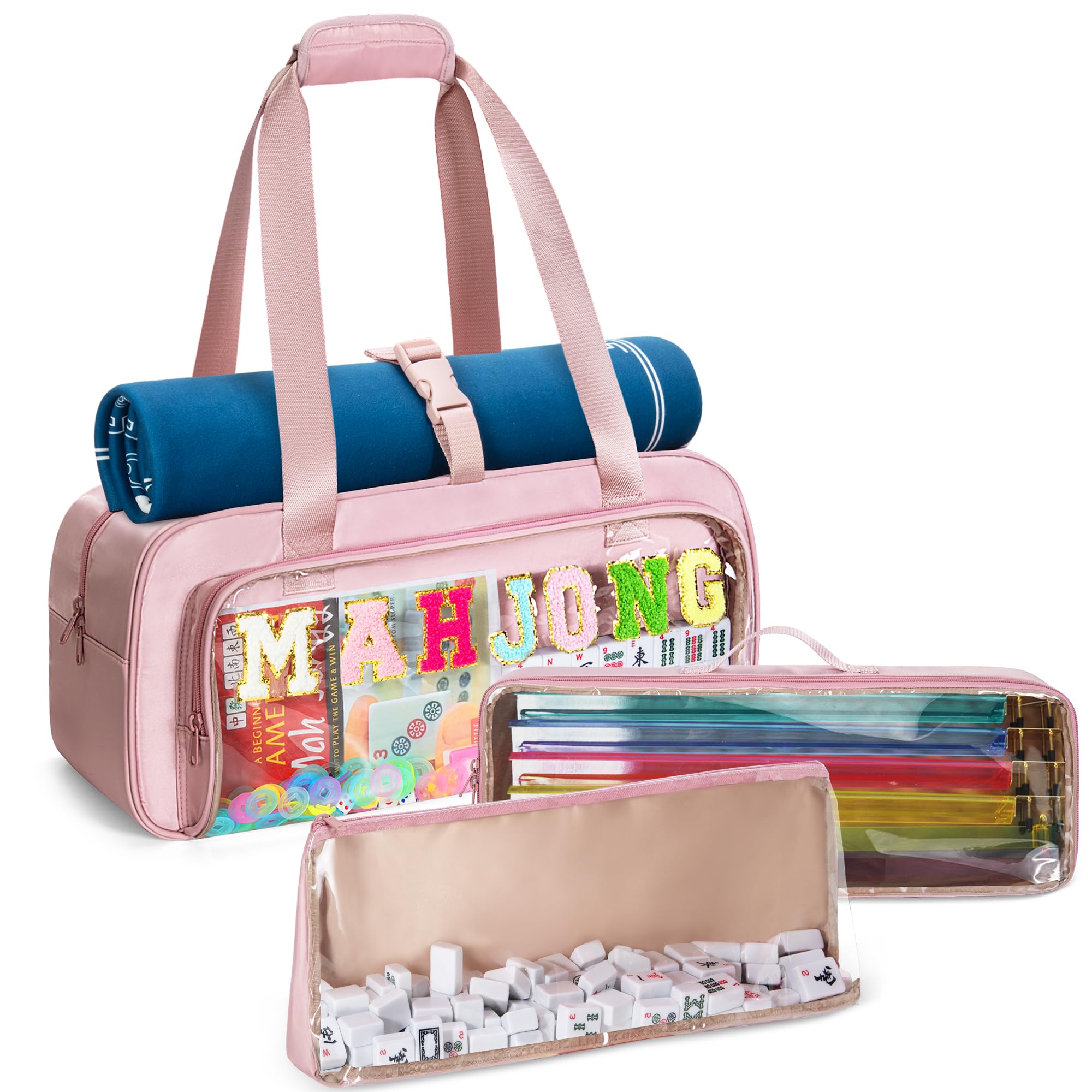 Yarwo 3 Pcs Mahjong Bag Empty with Game Mat Buckle, Pink, Bags Only | Sewn Cheni