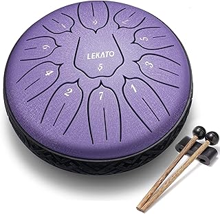 LEKATO Steel Tongue Drum 6 Inch 11 Notes, Rain Drum for Outside Garden, D Major Healing Sound, Ethereal Instrument for Meditation Yoga & Stress Relief, Beginner Kit with Songbook, Purple