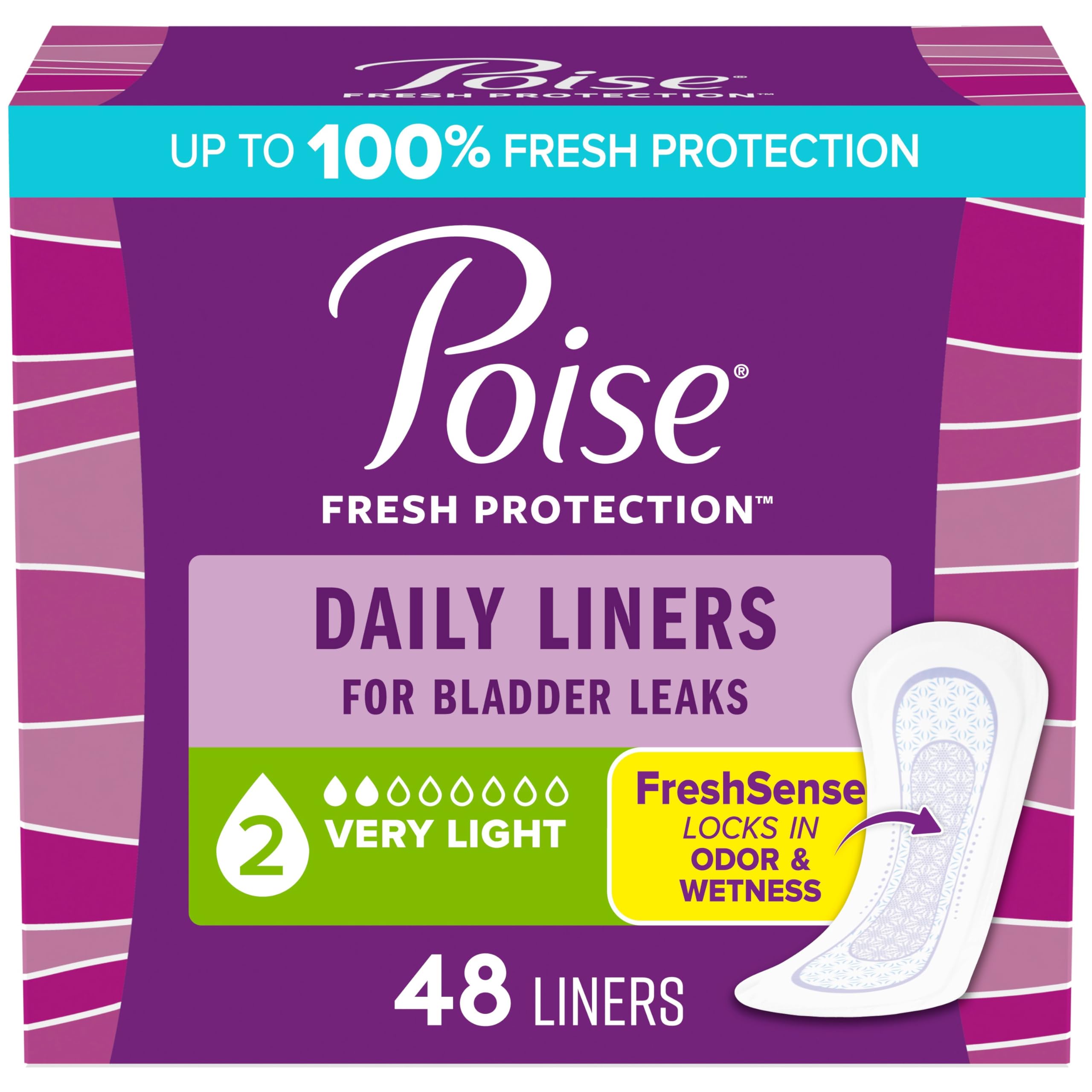 Poise Daily Liners, Incontinence Panty Liners, 2 Drop, 48 ct