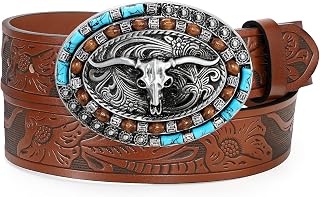 Western Leather Belt Cowboy Belt with Turquoise Buckle for Men Women Western Embossed Leather Belt for Jeans, Brown, Fit Waist Size 40‘’-43‘’