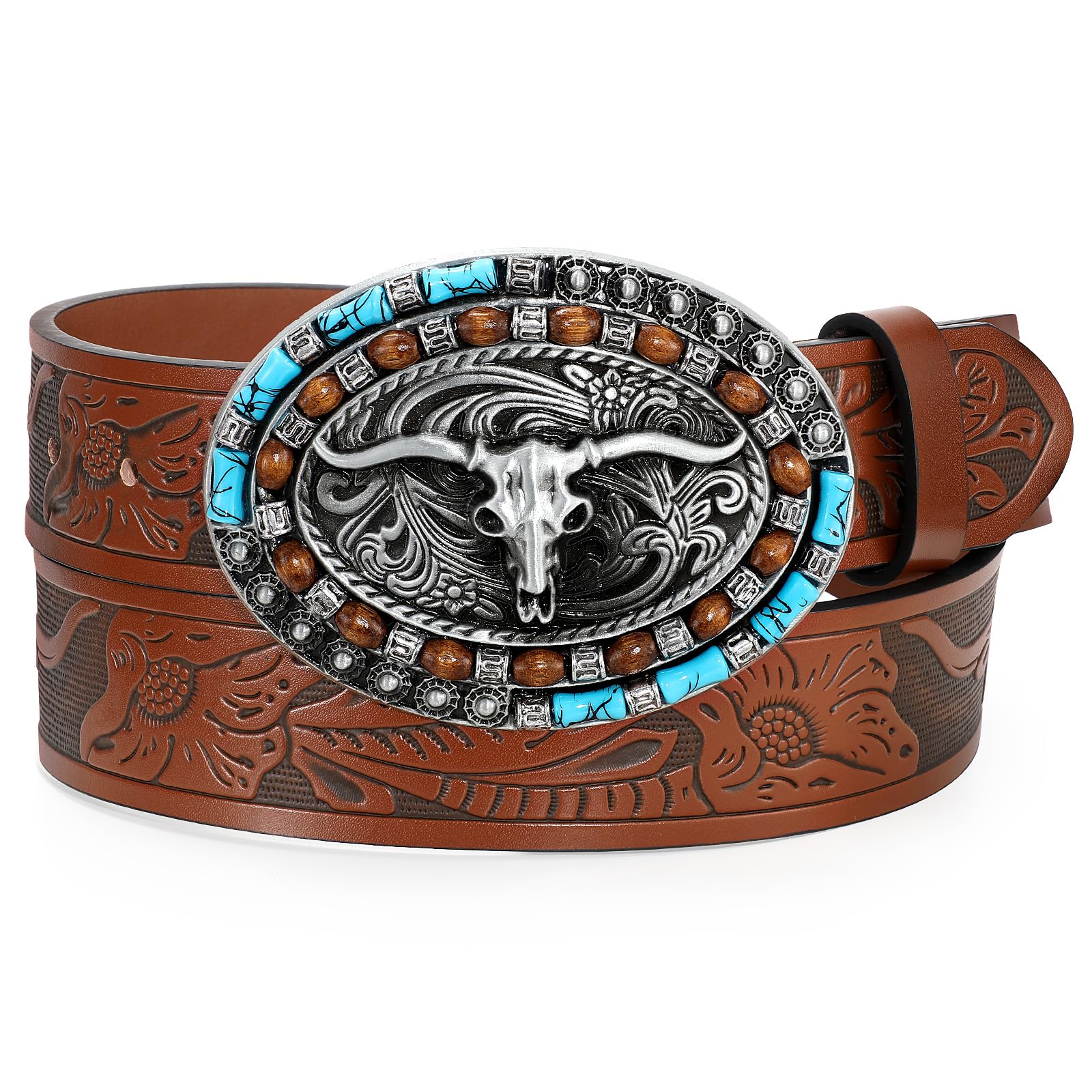 Western Leather Belt Cowboy Belt with Turquoise Buckle for Men Women Western Emb