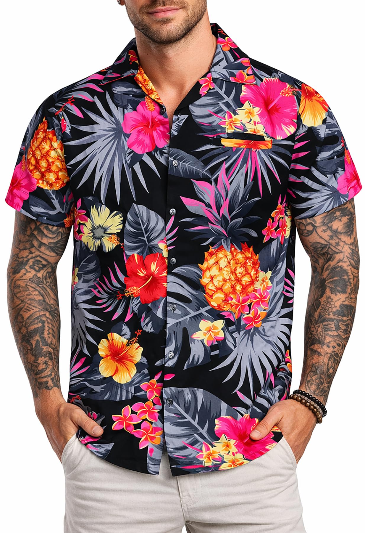 King Kameha Men’s Hawaiian Shirt Short Sleeve – Aloha Summer Shirt with Pineappl