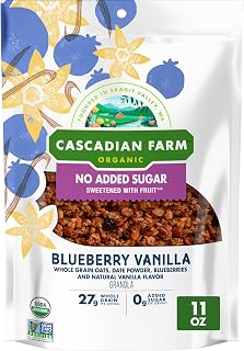 Cascadian Farm Organic Blueberry Vanilla Granola, No Added Sugar, 11 oz | 0g Added Sugar, Sweetened with Date Powder, 27g Whole Grain per Serving, Non-GMO Verified, Resealable Pouch
