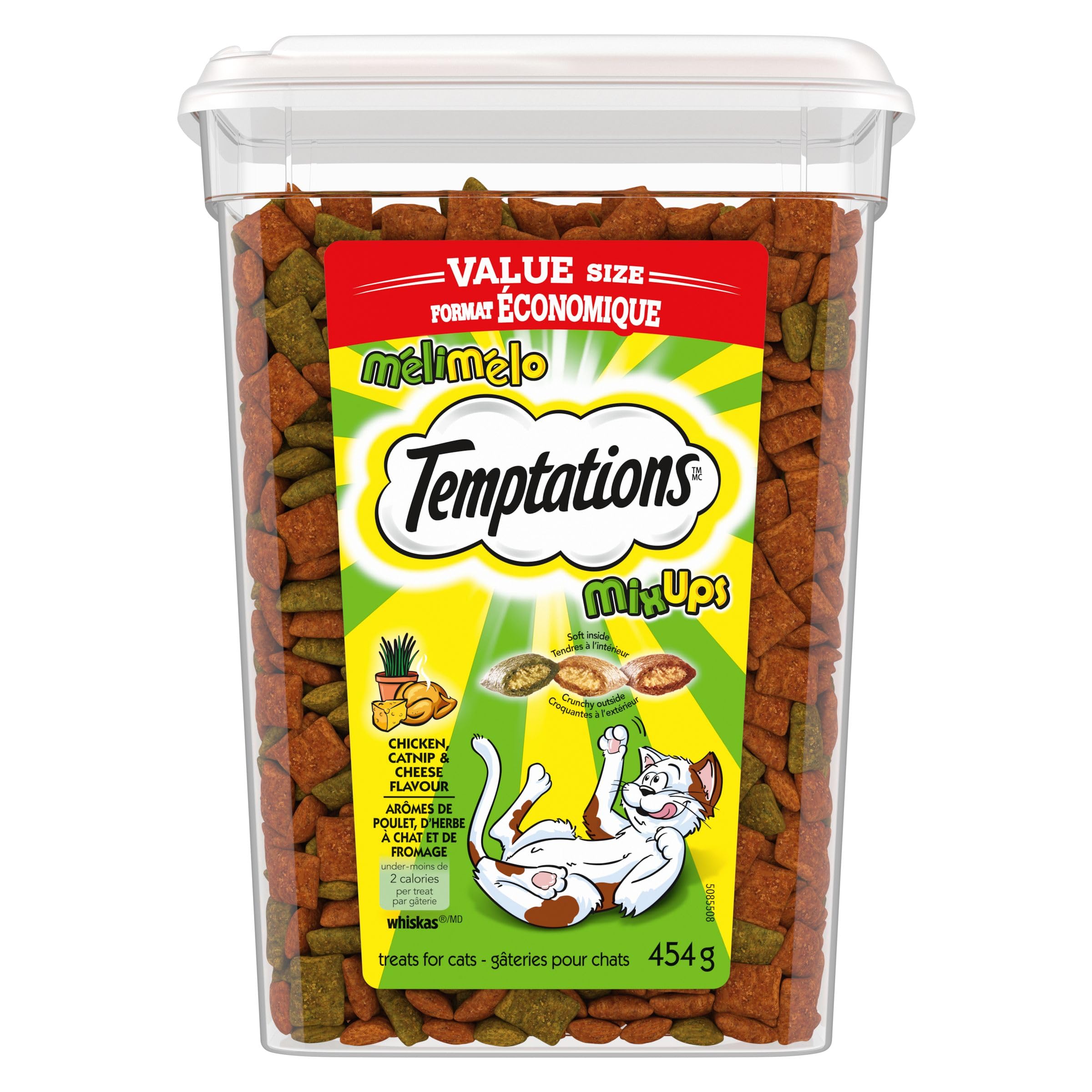 TEMPTATIONS Mix-Ups Cat Treats, Chicken, Cheddar & Catnip Flavour, 454g tub | Cr