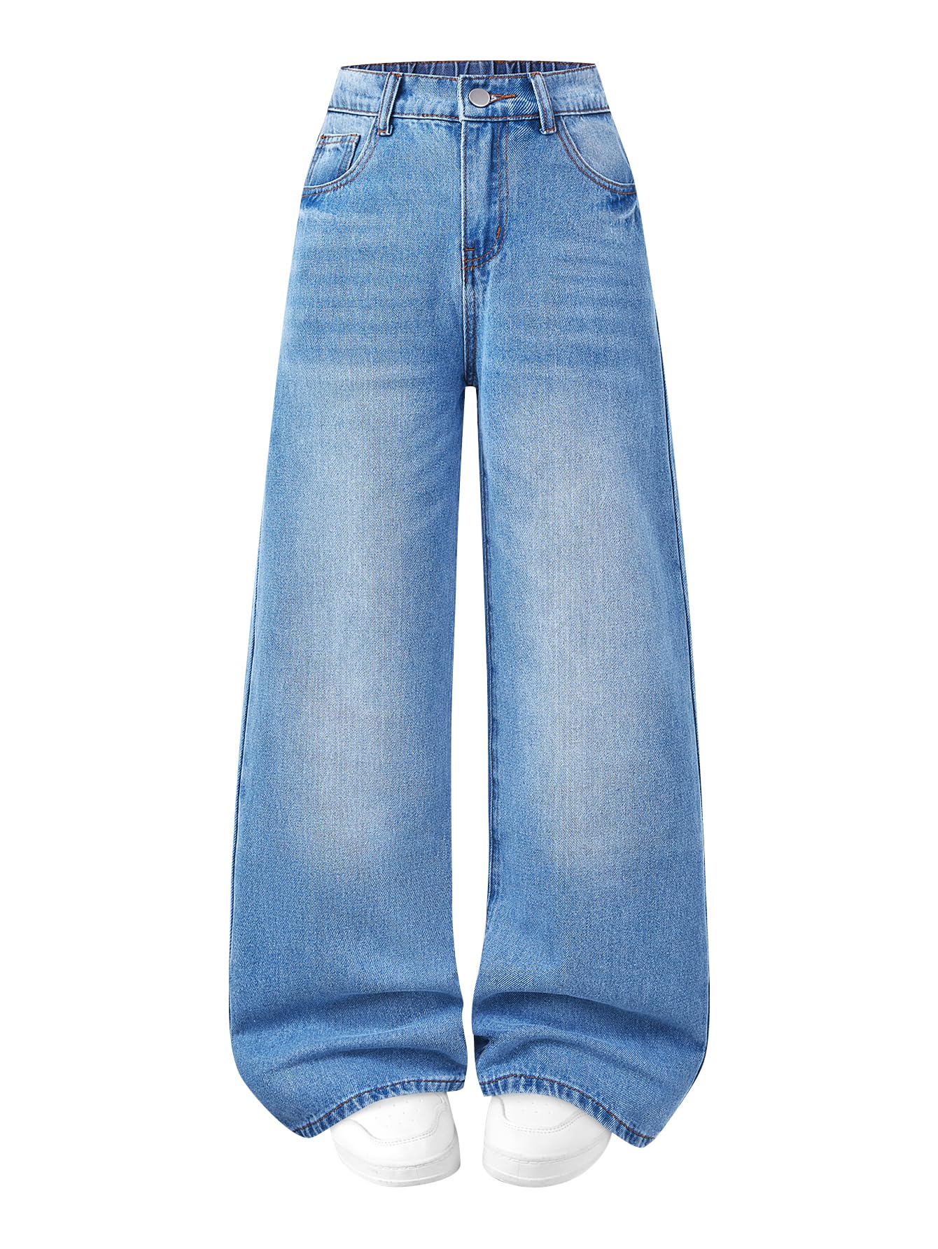 Pantalones de mezclilla holgados para niñas, pierna recta ancha, cintura alta, e