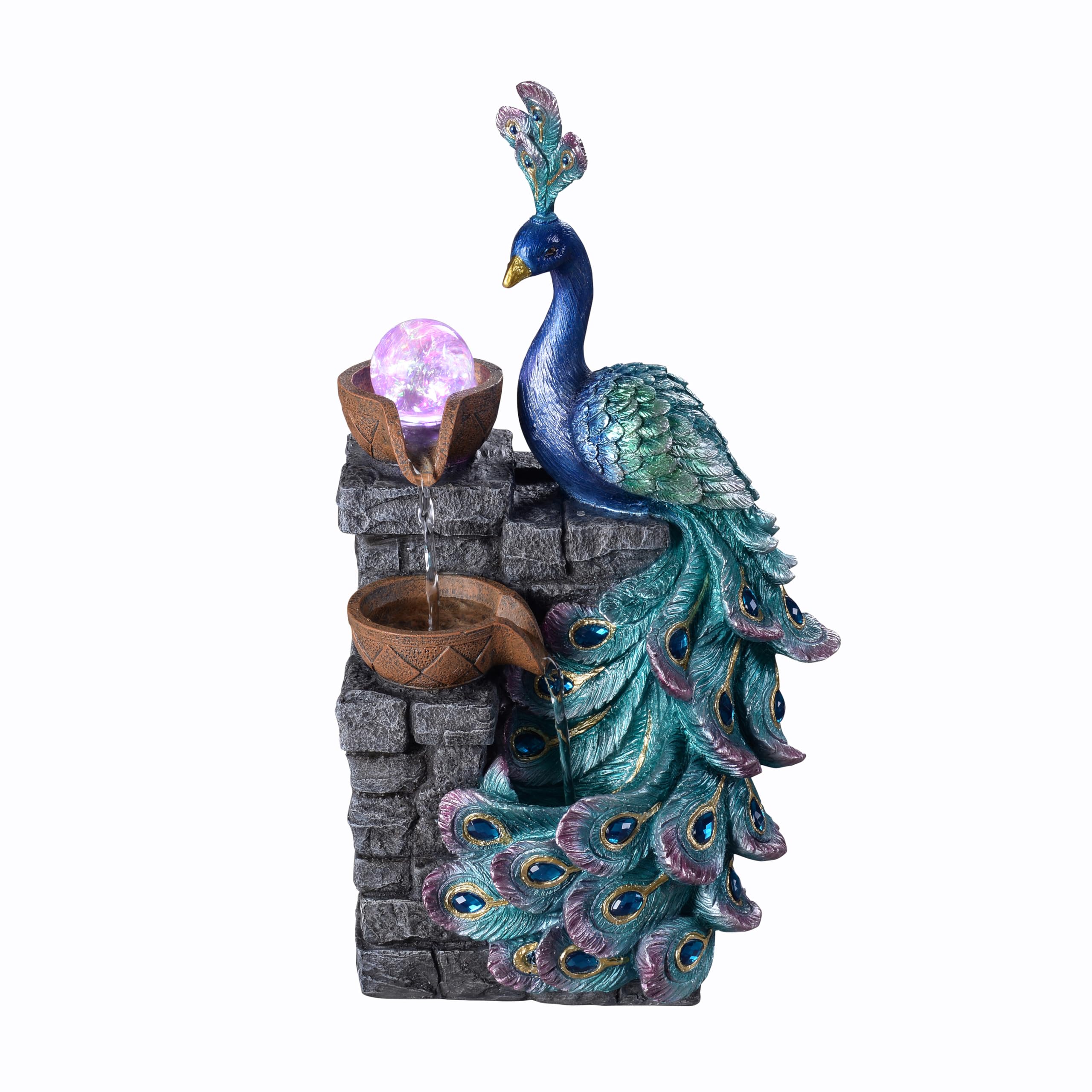 MAOCHI Tabletop Water Fountain Decor, Peacock with LED Glass Color Changing Glob