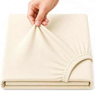 Family Bedding 100 Percent Cotton Jersey King Bed Fitted Sheet, 160 cm x 200 cm, Cream