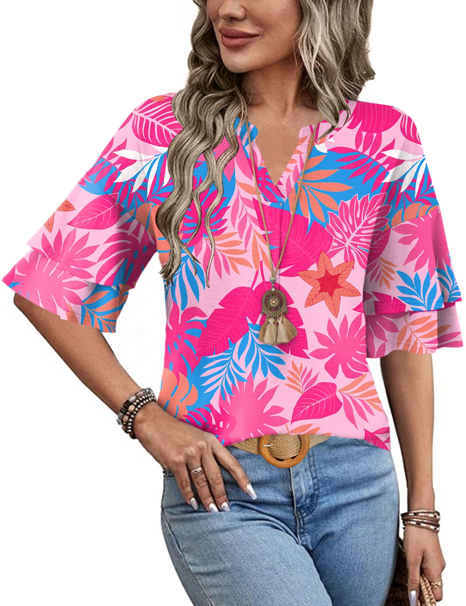 LOMON Blusas de manga corta con volantes para mujer, camisetas de moda con cuell