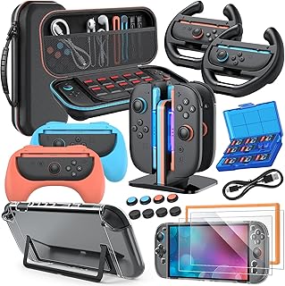 Switch 2 Accessories, 20-in-1 Bundle Case for Nintendo Switch 2 (Black) | Carrying Case, Controller Charger Dock, Grips for JoyCon,Steering Wheels for Mario Kart,Protective Cover for Switch 2 Console