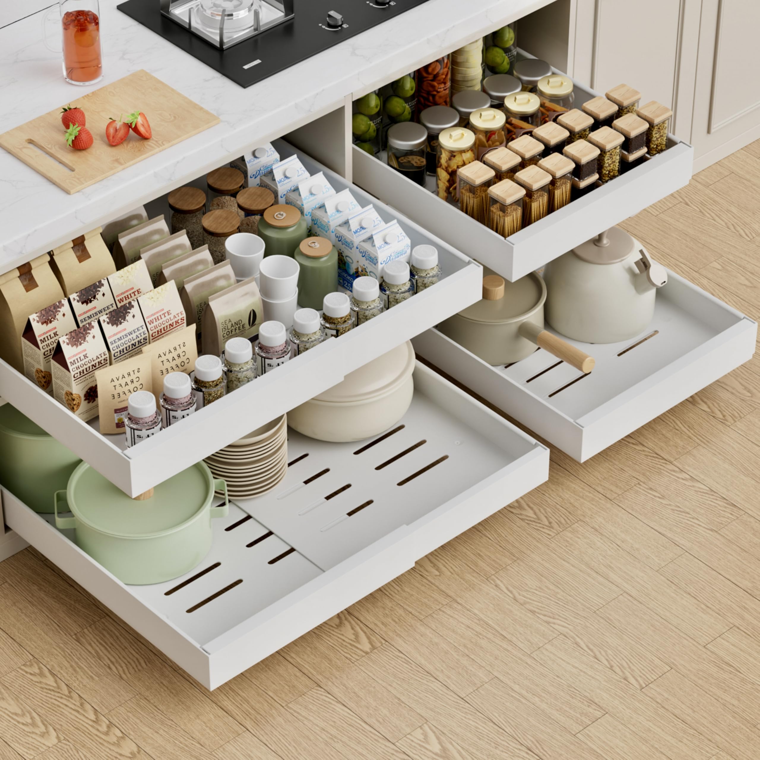 PAKETA 4 Pack Expandable Pull Out Cabinet Organizer, 21'' Deep Pull Out Drawers 
