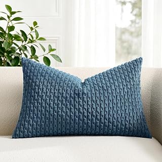 Kevin Textile 12x20 Inch Pillow Cover 1 Pack Boho Decorative Soft Striped Corduroy Lumbar Farmhouse Solid Color Accent Rectangle Cushion Case for Living Room Couch Sofa Bed, Blue