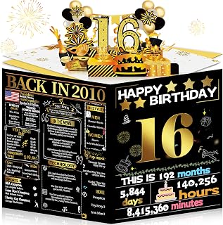 Joycard 16th Birthday Card for Girl Boy, 3D Pop Up Happy Birthday Gift for Daughter Son, Funny 16 Year Old Birthday Decorations for Grandson Granddaughter, Back in 2010 Laser Gold Retro Theme