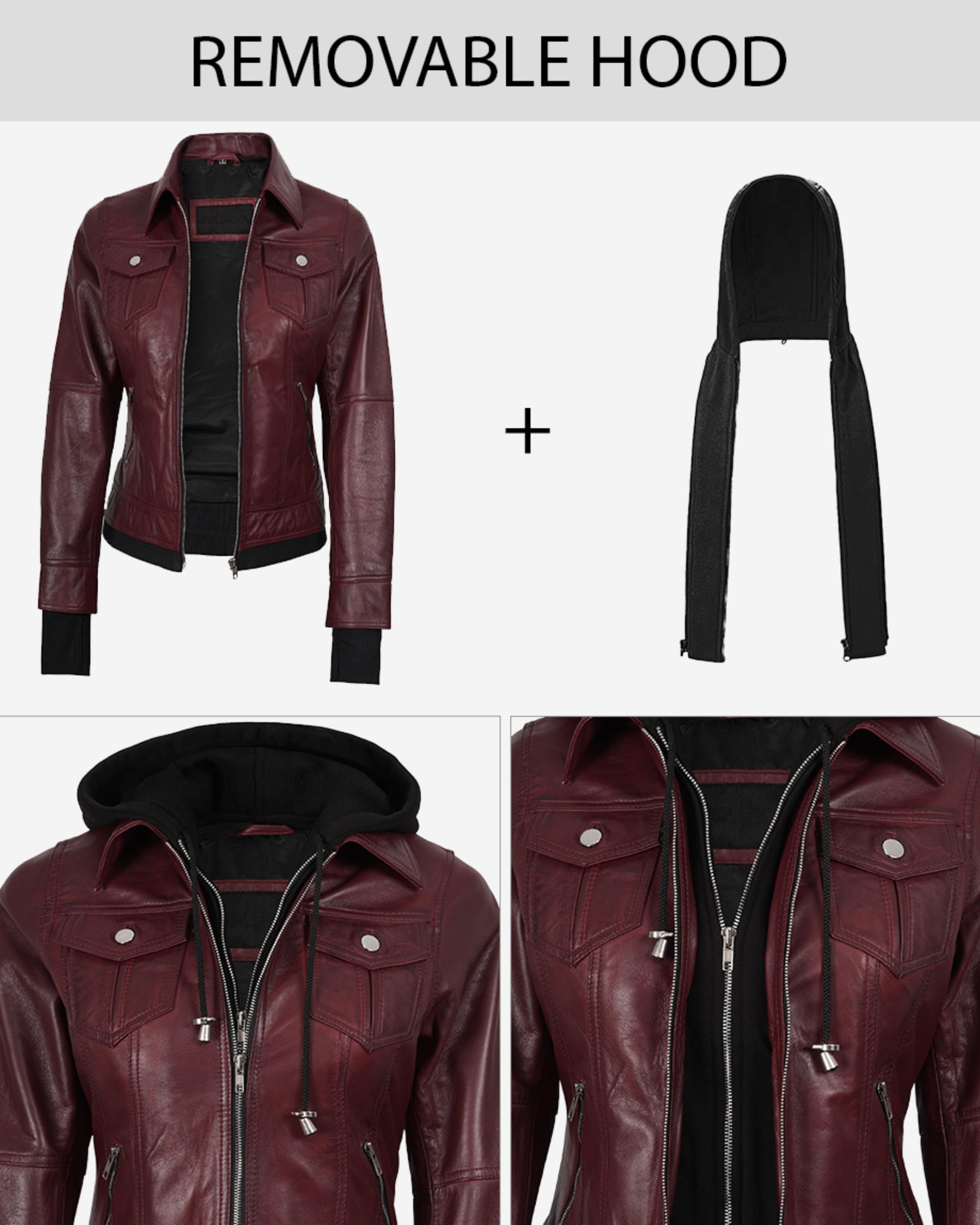Decrum Real Lambskin Bomber Jacket Women with Detachable Hood