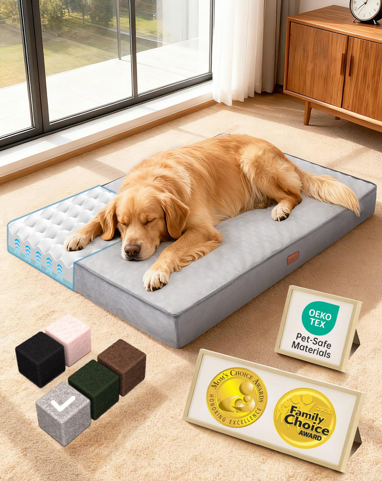 OhGeni Orthopedic Large Dog Bed, Reversible Memory Foam, 41 inch-XL(Gray) | Wate