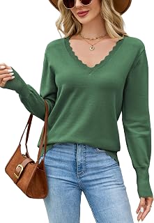 Famulily Womens Sweaters UK Scalloped V Neck Sweaters Ladies Classic Long Sleeve Pullover Tunic Autumn Winter Tops S-XL