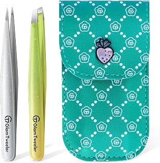 Expert Slant and Point Tip Tweezer Set with Exclusive Storage & Carrying Case, GlamTweeler Sharp & Precision Tweezer Set for Eyebrows, Facial Hairs & Fine Hairs Removal (Sparkle Apple Green + Silver)