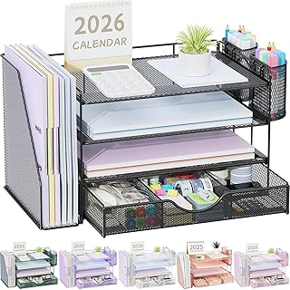gianotter Metal Mesh Desk Organizers and Accessories with File Holder | 4-Tier with Drawer and 2 Pen Holder, Desk Accessories & Workspace Organizers, Paper Organizer for Office Supplies (Black)
