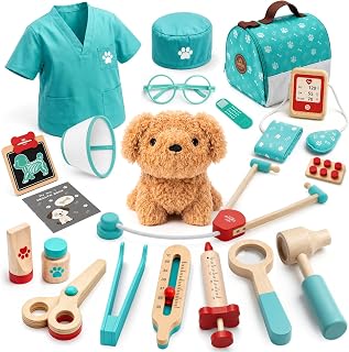 Lehoo Castle Wooden Doctor Kit Kids,Vet Play Set for Toddler 3-7(Green) | Kids Doctor Set with Costume, Dog Doll and Bag, Pretend Play Veterinarian Kit Toys, Birthday Gift for Boys & Girls 3 4 5 6 7