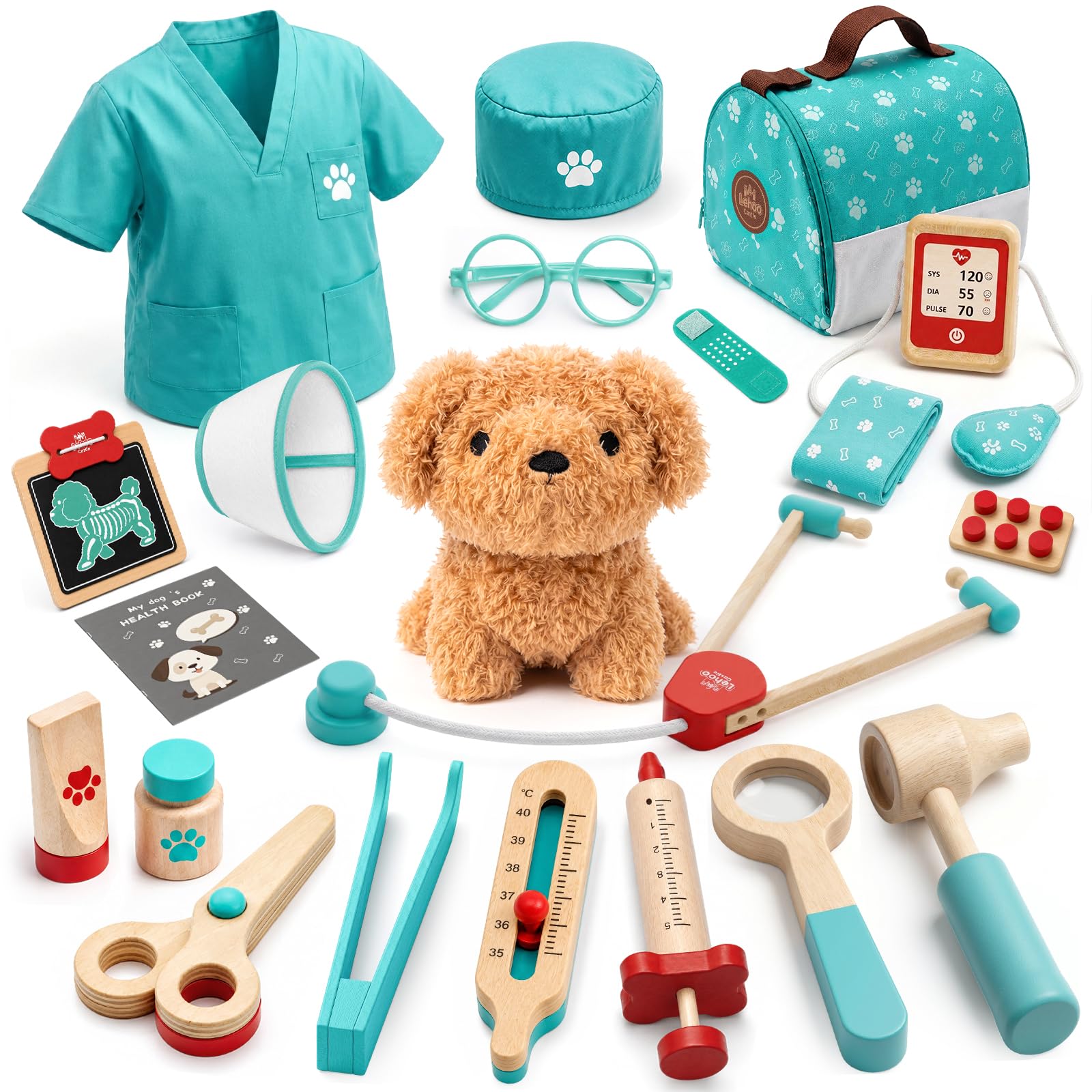 Lehoo Castle Wooden Doctor Kit Kids,Vet Play Set for Toddler 3-7(Green) | Kids D