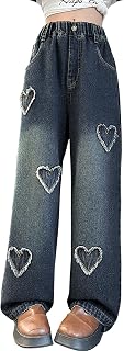 Rolanko Girls Jeans Wide Denim Trousers Elastic Waist for Children