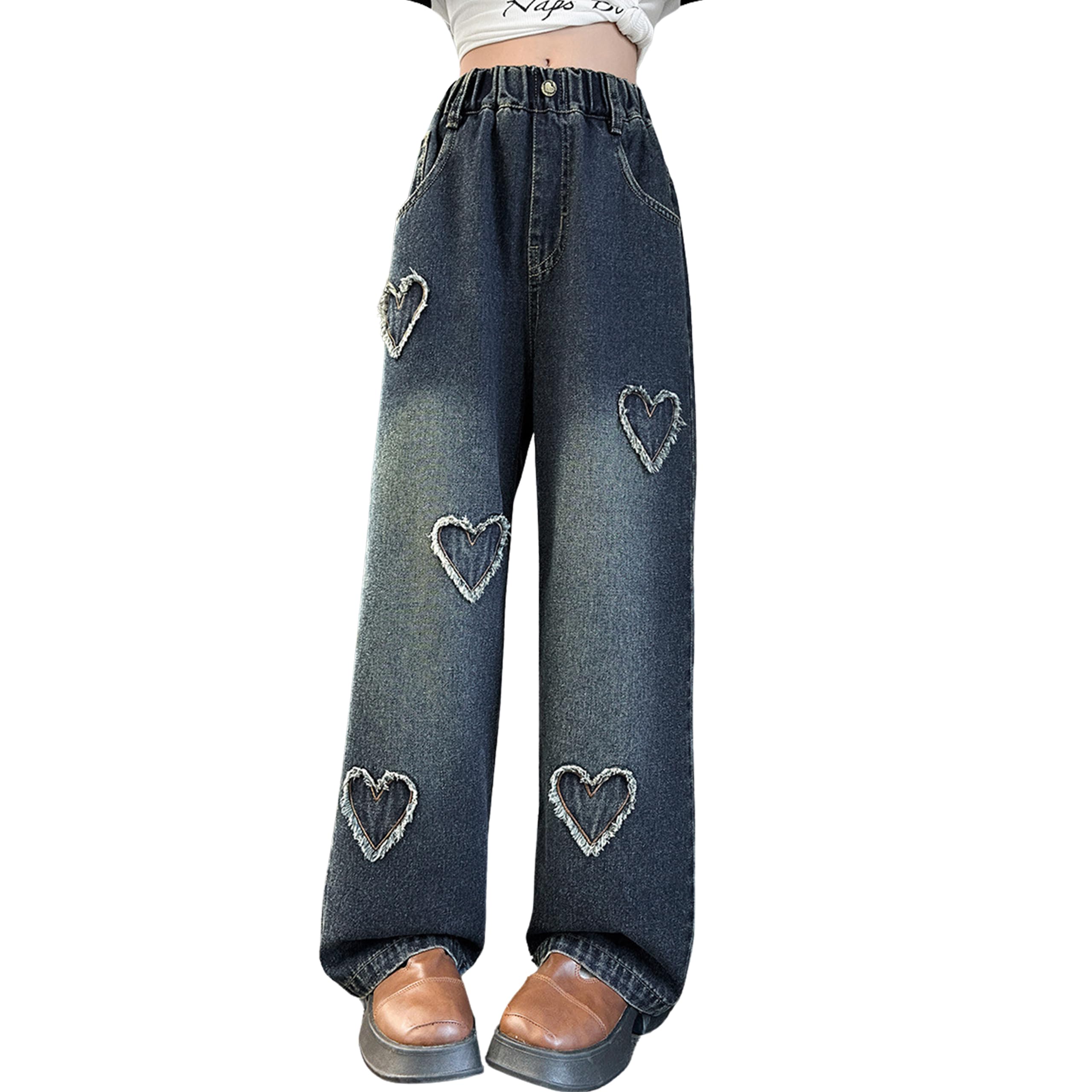 Rolanko Girls Jeans Wide Denim Trousers Elastic Waist for Children