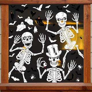 AMLOOPH Halloween Decorations Window Stickers - Skeleton Window Clings | 10 Sheets Reusable 3 Large Skeleton Stickers + Small Bat Spider Ghost Decals Design for Halloween Window Decorations Indoor
