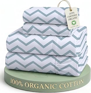 Lane Linen King Size 4 Piece Sheet Set – 100% Organic Cotton Comfy Breathable Sheets – Hotel Luxury Bed Sheets – Deep Pockets, Easy-Fit, Extra Soft – Oeko-Tex Bed Sheet Set – Cool Blue Chevron