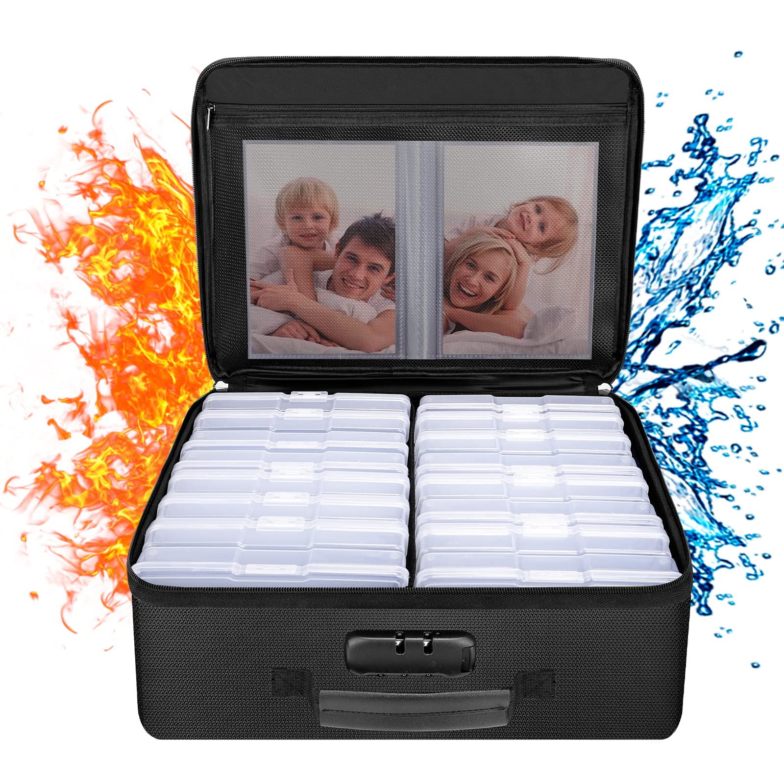 ENGPOW Fireproof Photo Storage Box with 16 Inner 4" x 6" Photo Case(Clear),Photo