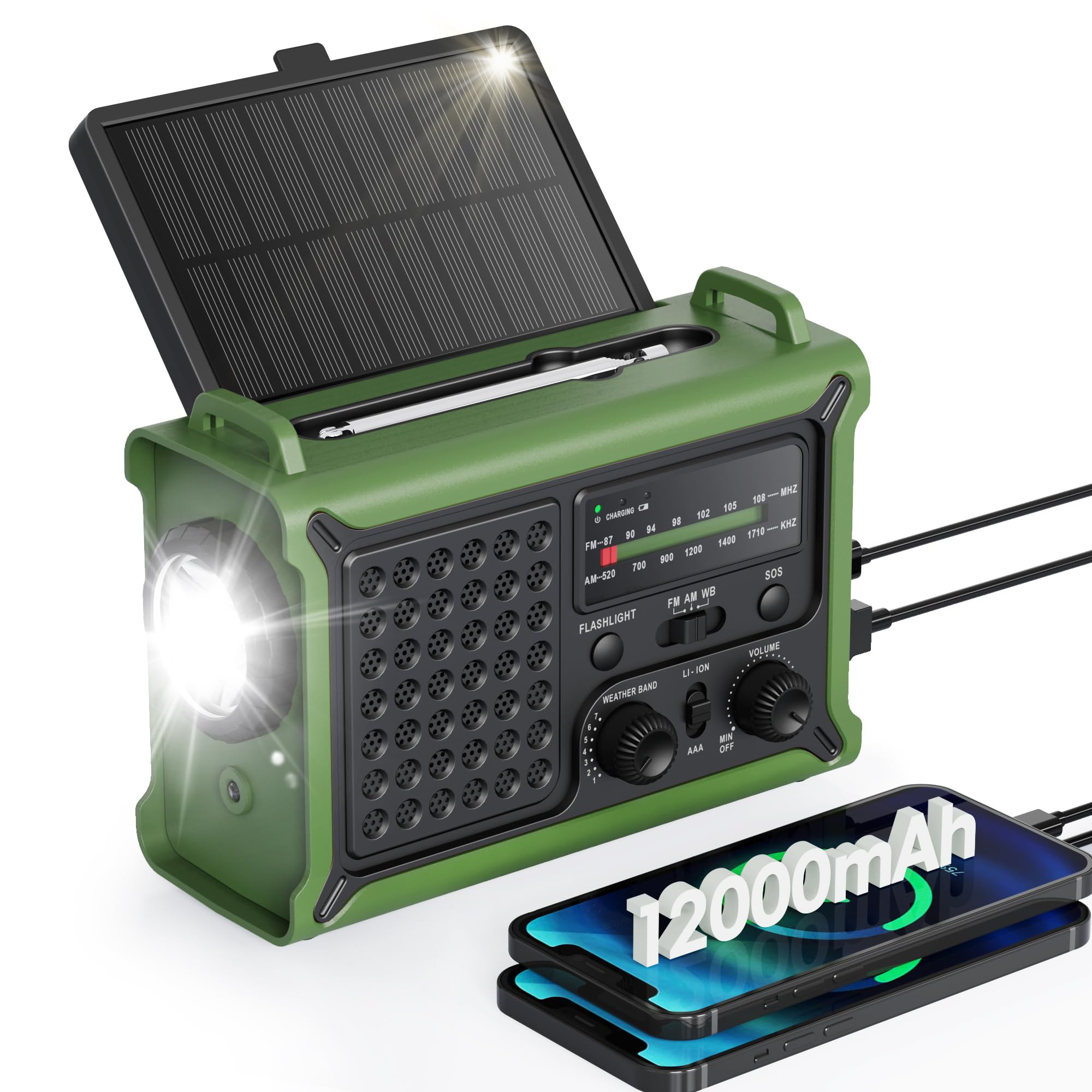 Emergency Weather Radio with Large Solar Panel, Real 12000mAh Battery | Efficien