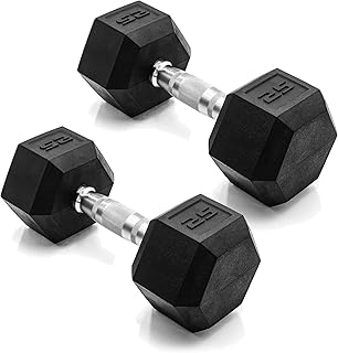 CAP Rubber Coated Dumbbell Weights, Free Weights for Home Gym Strength Training, Anti-Roll Hex Dumbbells with Black, Chrome & Comfort Grip Handles, Pairs & Sets