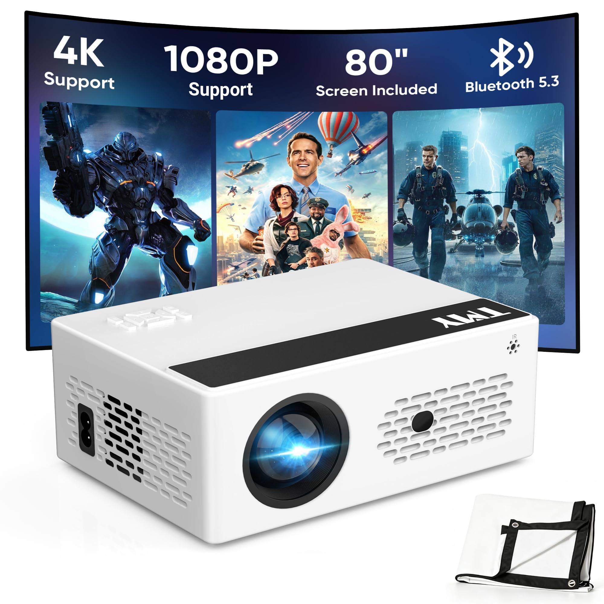 TMY 1080P Mini Portable Projector, 2-Way Bluetooth, with 80in Screen | 1080P hom