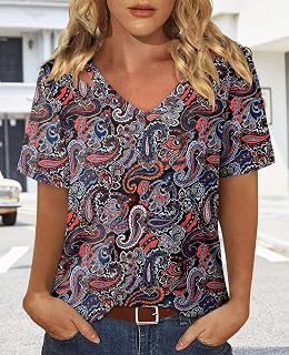 Women Short Sleeve V Neck Spring Summer Cold Shoulder Casual Loose Fit Basic T-Shirt