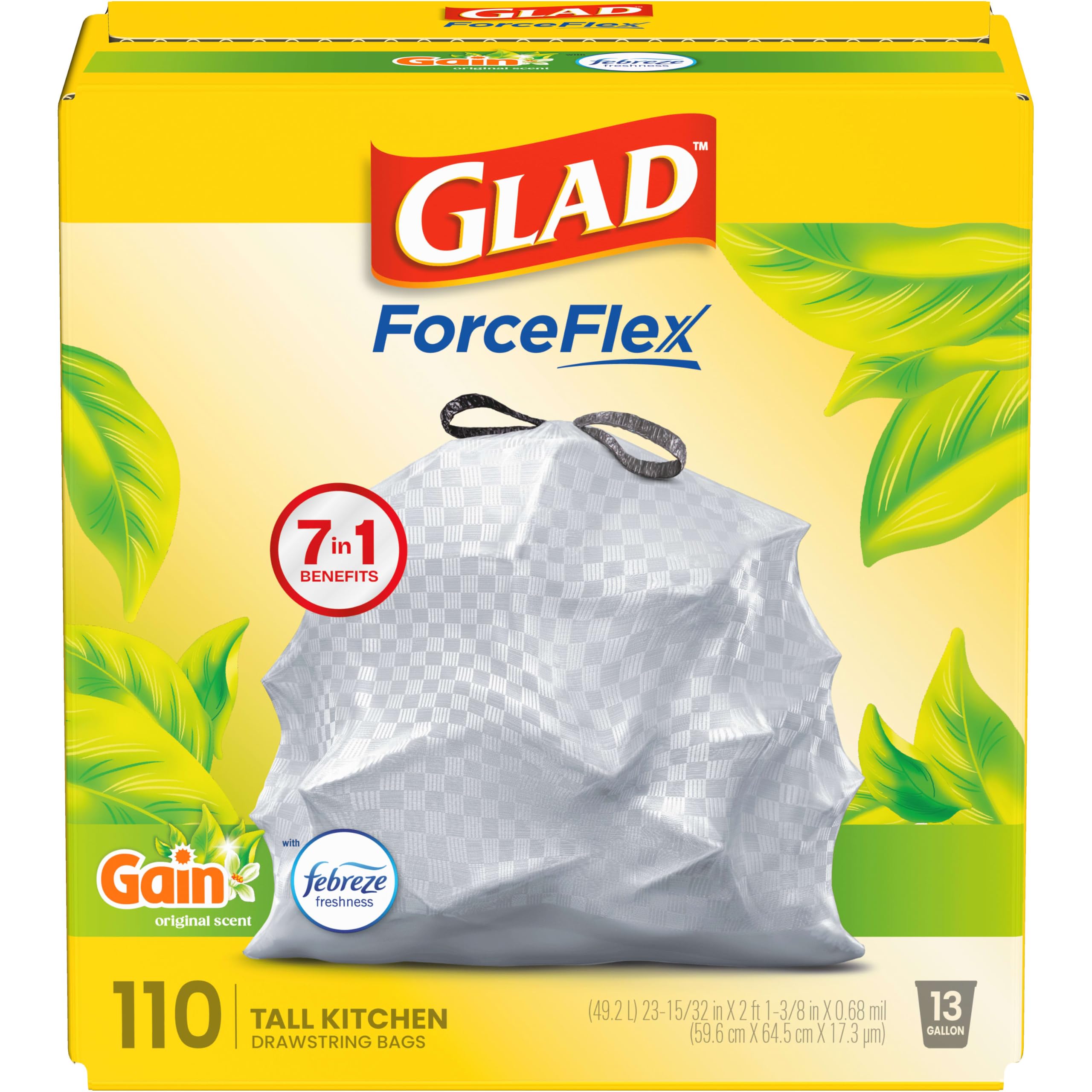 Glad ForceFlex Tall Kitchen Trash Bags, 13 Gallon, Gain Original, 110 Count (Pac