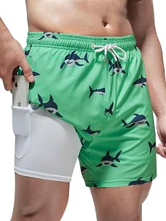 Arcweg Men's Swim Trunks Compression Lining 2 in 1 Quick Dry Short Liner Elastic Surf Shorts with Zipper Pockets